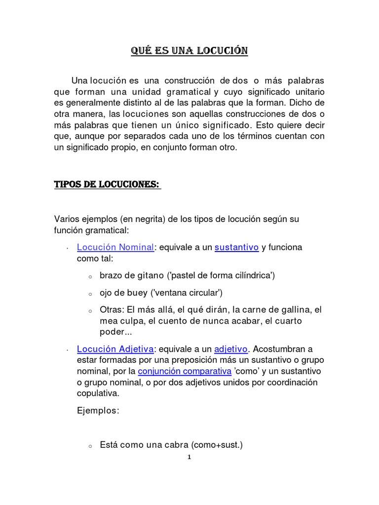 Tipos y ejemplos de locuciones gramaticales | PDF | Adverbio ...