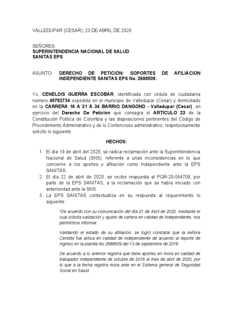 Derecho Peticion Sanitas Borrador | PDF | Gobierno
