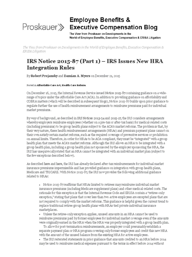 IRS Notice 201587 (Part 1) IRS Issues New HRA Integration Rules Employee Benefits