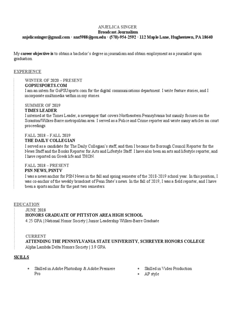 Anjelica Singer: Broadcast Journalism Resume | PDF