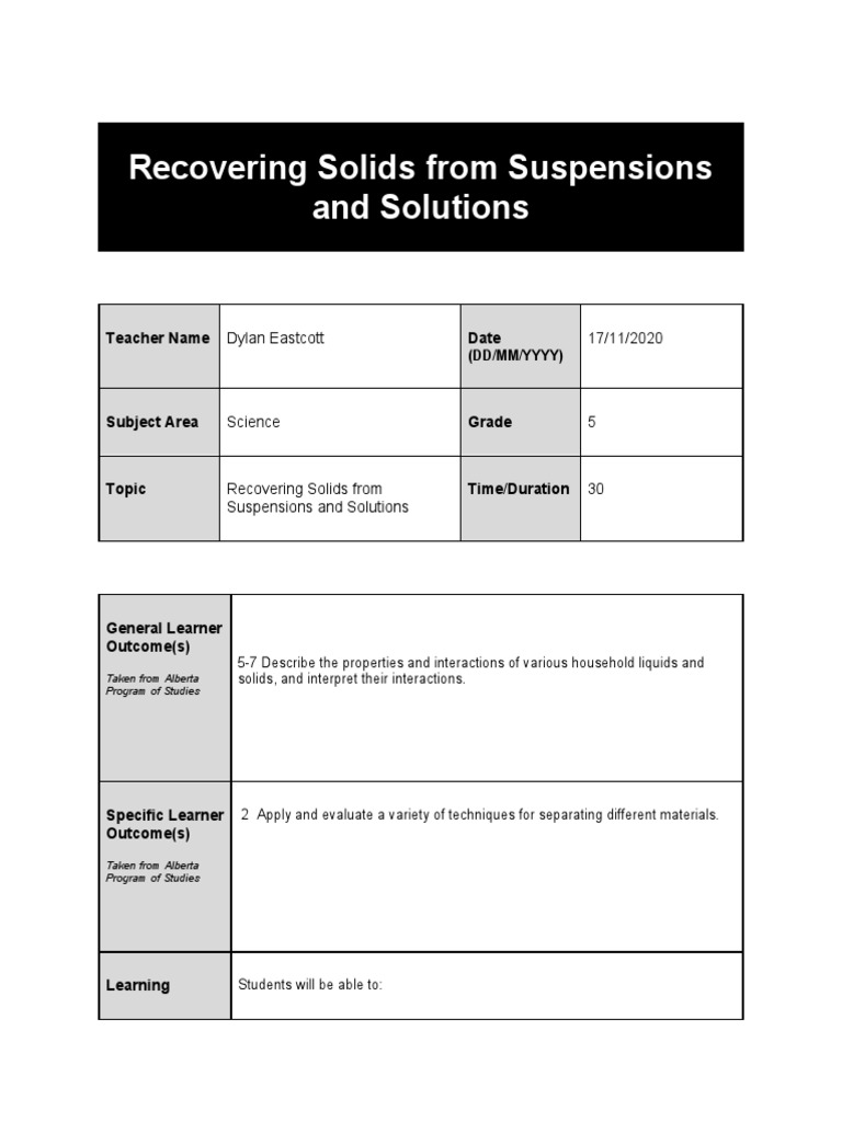 Recovering Solids From Suspensions and Solutions: Teacher Name Date | PDF