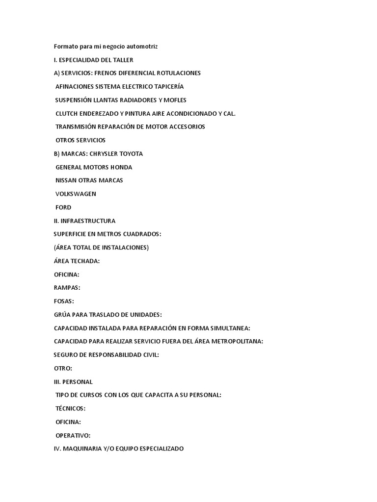 Formato de Taller Automotriz | PDF