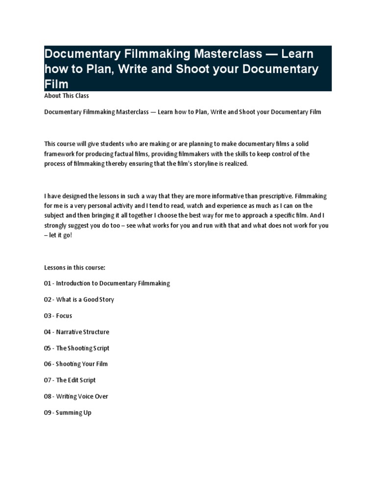 Documentary Filmmaking Masterclass Pdf
