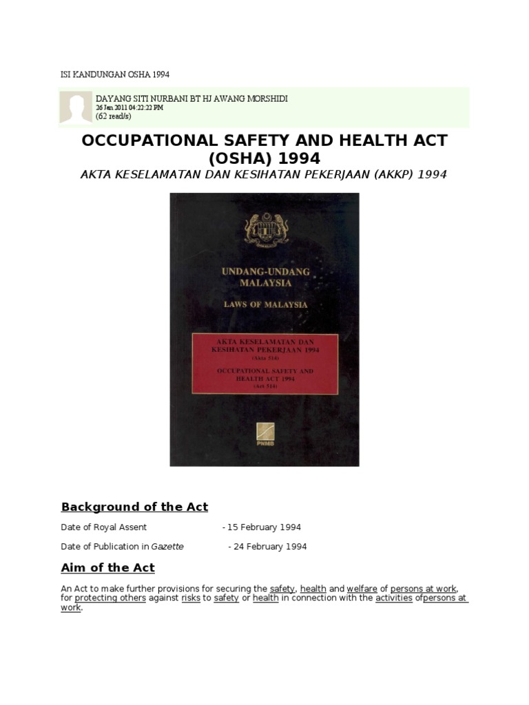 Isi Kandungan Osha 1994 | PDF | Occupational Safety And Health | Labour ...