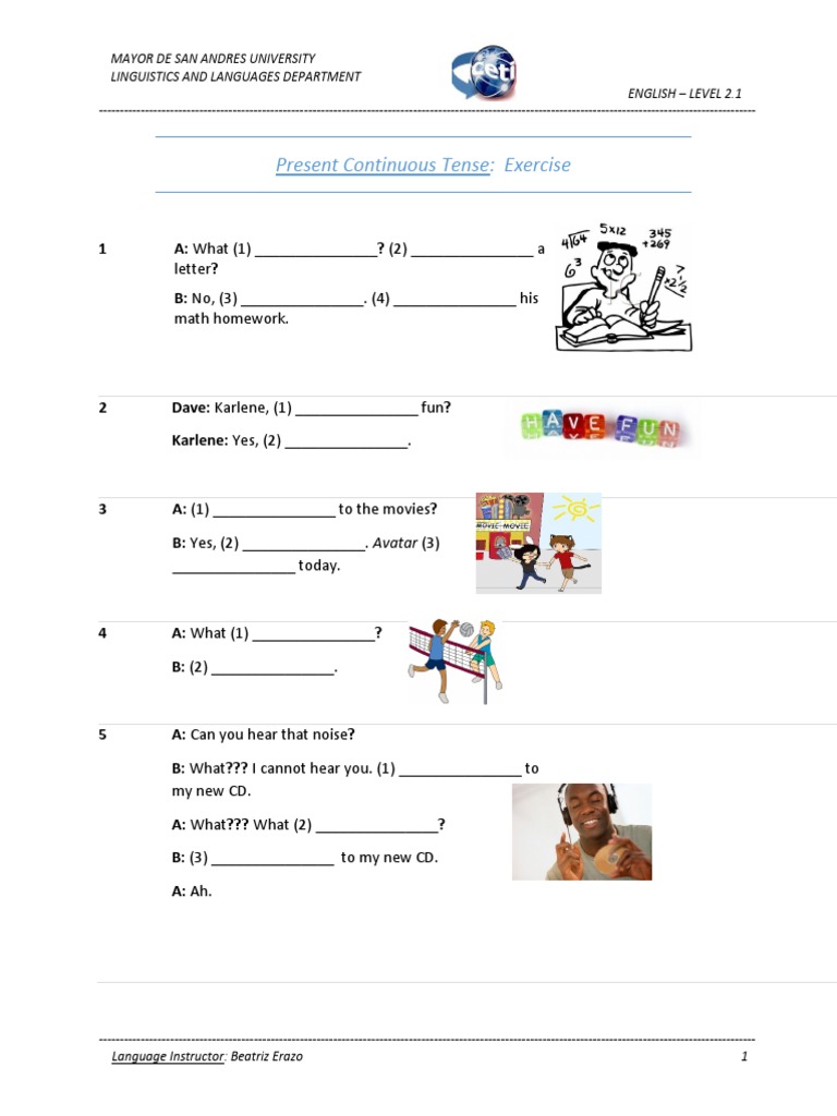 Present Continuous Tense: Exercise: Letter? Math Homework | PDF ...