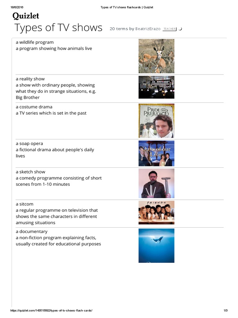 Types of TV Shows Flashcards Quizlet PDF Television Television Programs