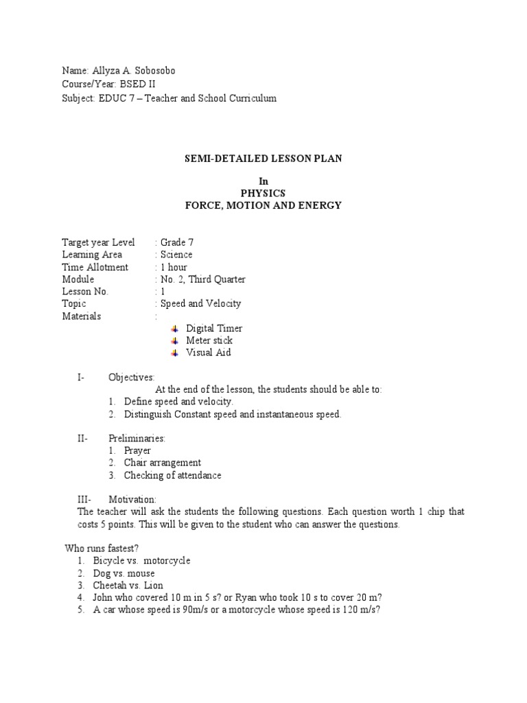 Grade 7 Physics Lesson Plans: Waves & Motion | PDF | Waves | Speed