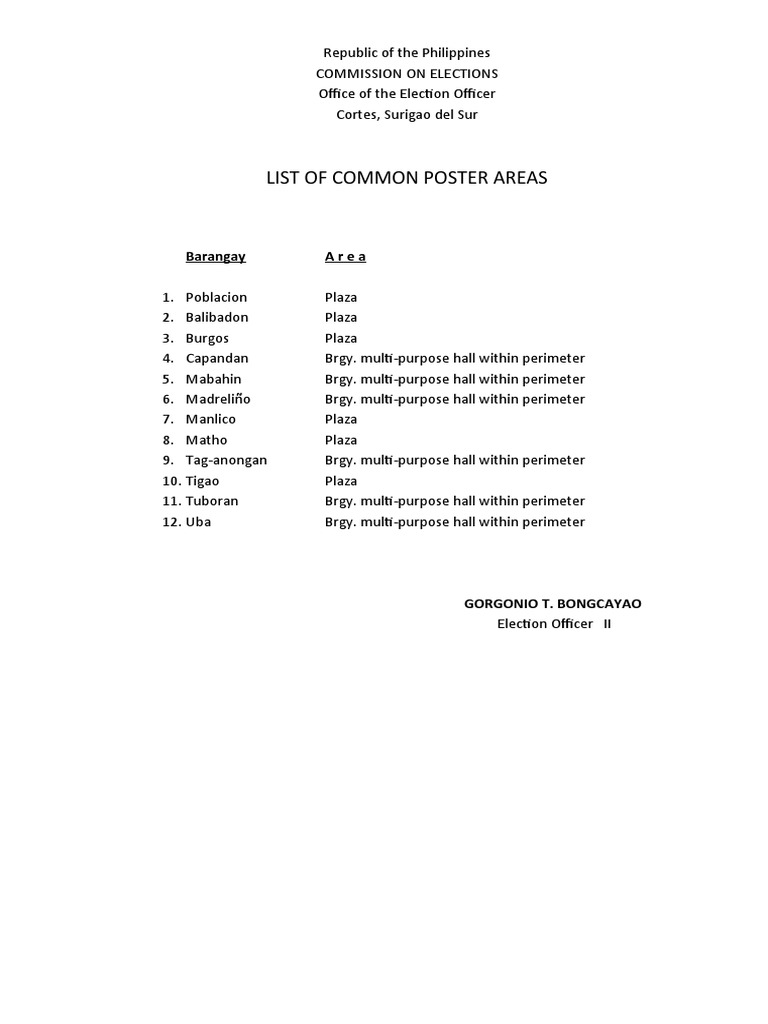 Common Poster Areas for Barangay Elections | PDF | Technology & Engineering