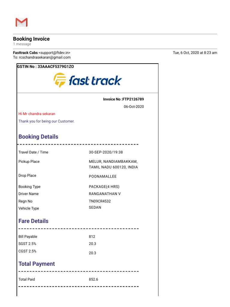 FastTrack Taxi Invoice - Oct 2020 | PDF