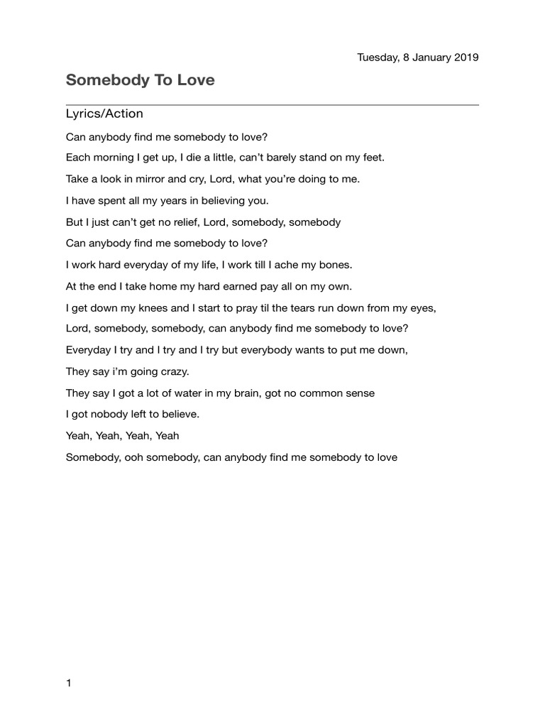 Somebody To Love Lyrics PDF