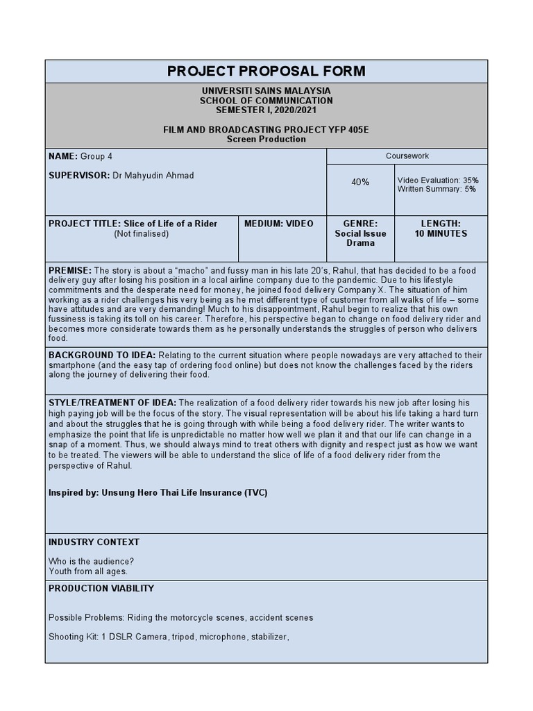 Project Proposal Form: Coursework Video Evaluation: 35% Written Summary ...