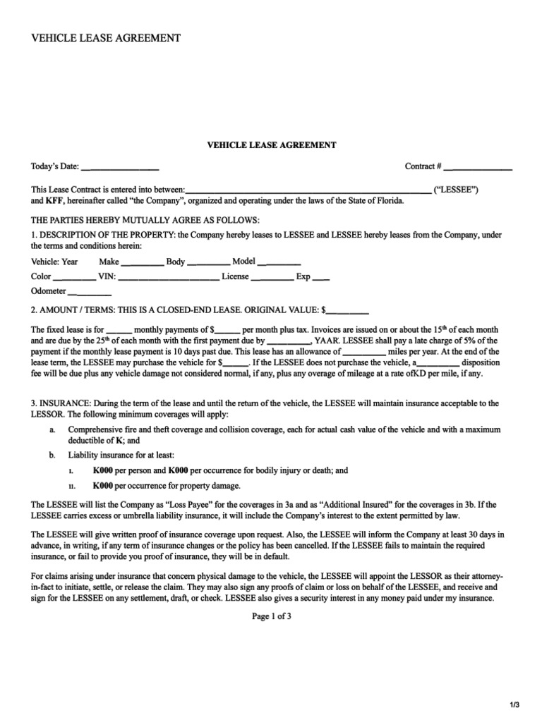 Comprehensive Vehicle Lease Agreement Outlining Terms, Insurance Requirements, Responsibilities