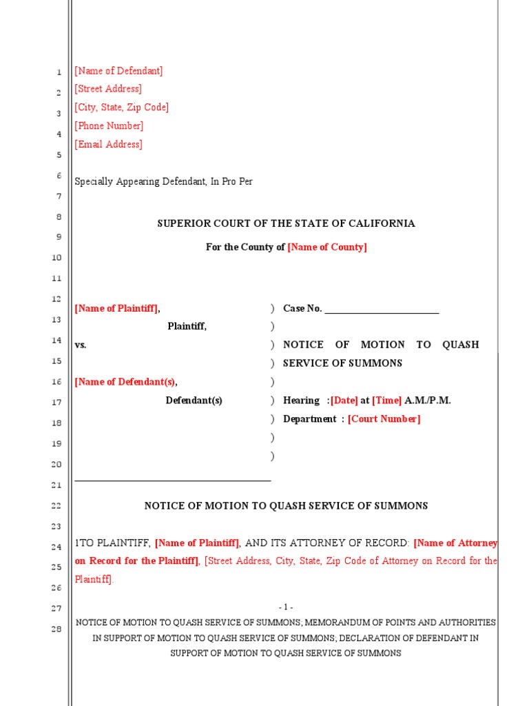 Motion To Quash Service of Summons Unlawful Detainer CA PDF