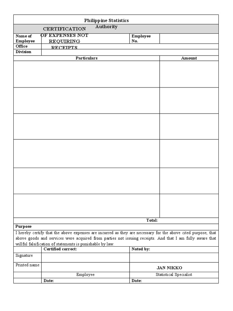 Certificate of Expenses Not Requiring Receipts | PDF