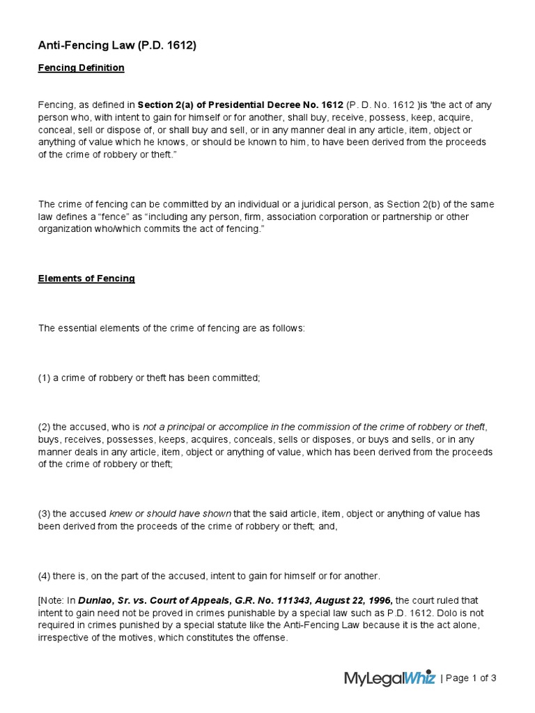 AntiFencing Law (PD 1612) Download Free PDF Theft Crime & Violence