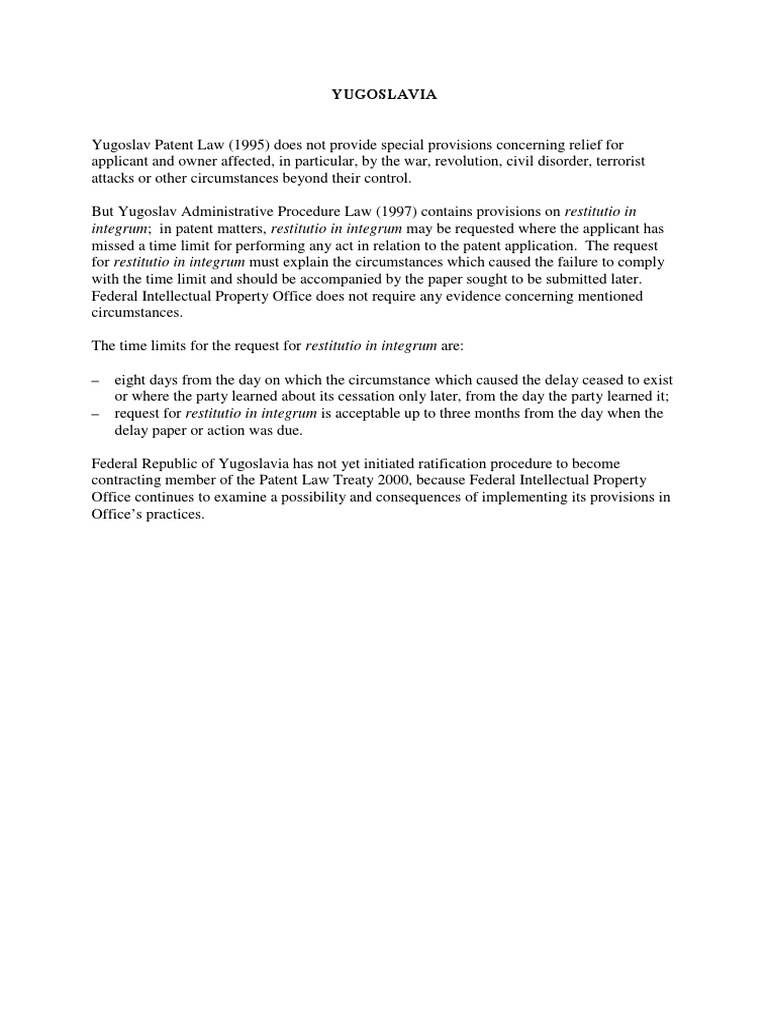 Yugoslav Patent Law and Restitution Rules | PDF