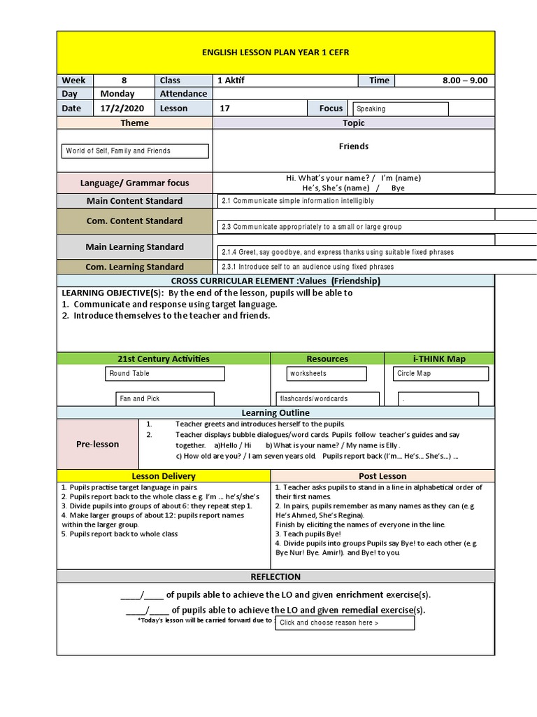 Year 1 Cefr Week 8 1a | PDF | Word | Lesson Plan
