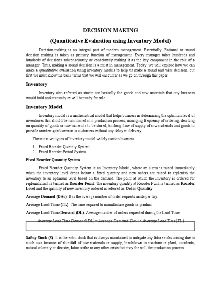 Decision Making (Quantitative Evaluation Using Inventory Model) | PDF ...