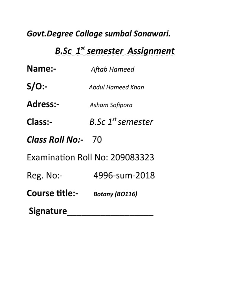B.Sc 1st Semester Botany Assignment | PDF