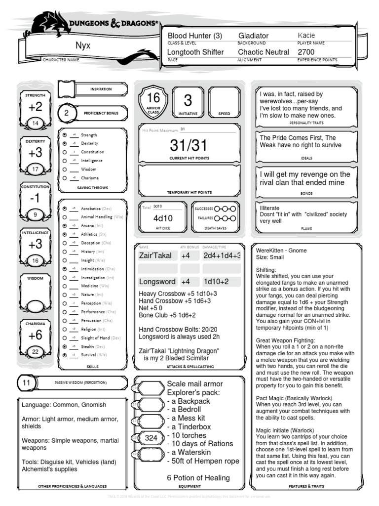 Blood Hunter (3) Gladiator Longtooth Shifter Chaotic Neutral 2700