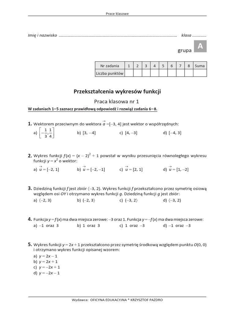 Ułamki Algebraiczne Równania Wymierne Praca Klasowa Nr 1