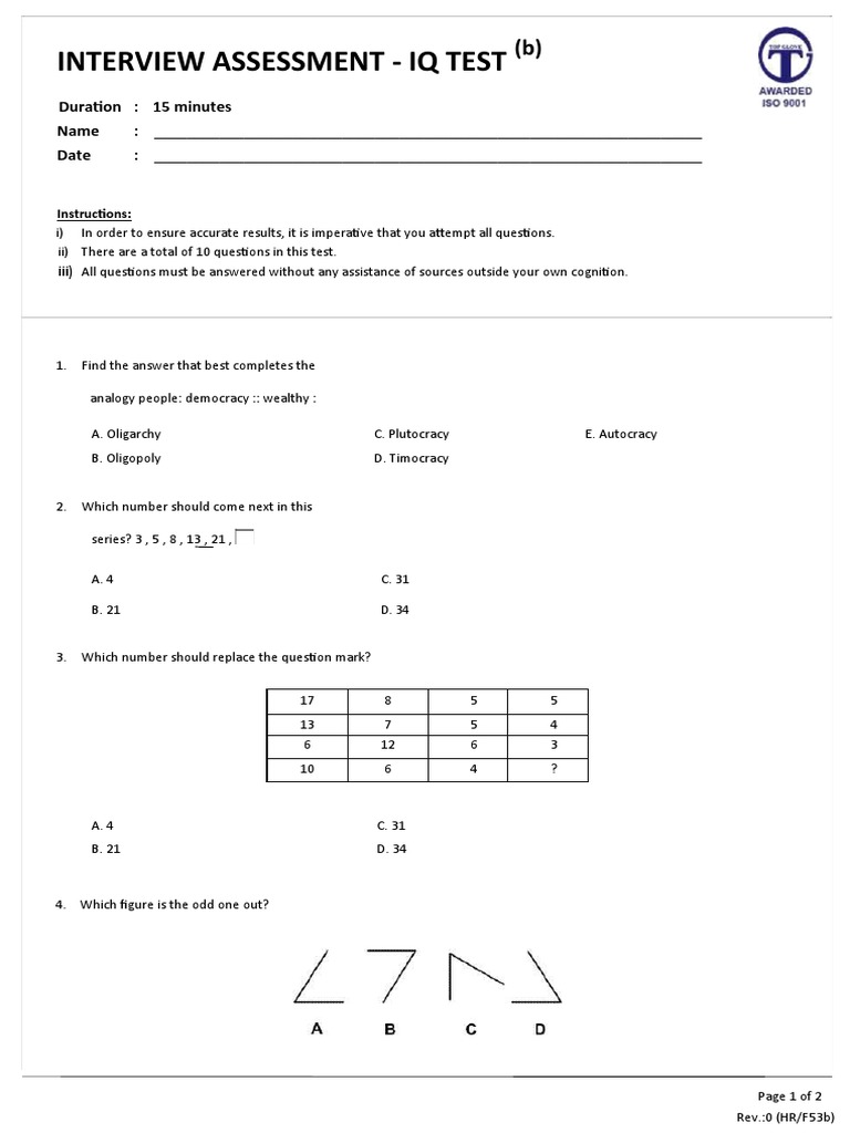 IQ Test Interview Assessment | PDF