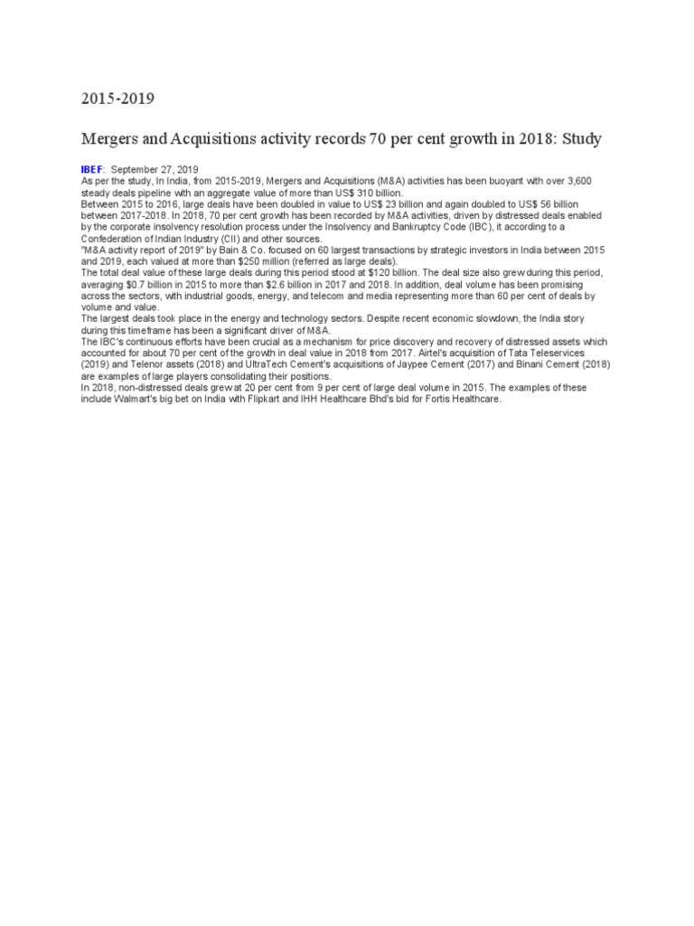 20152019 Mergers and Acquisitions Activity Records 70 Per Cent Growth