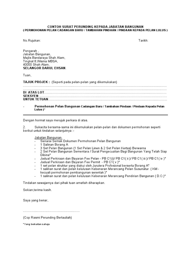Contoh Surat Perunding Kepada Jabatan Bangunan Pdf