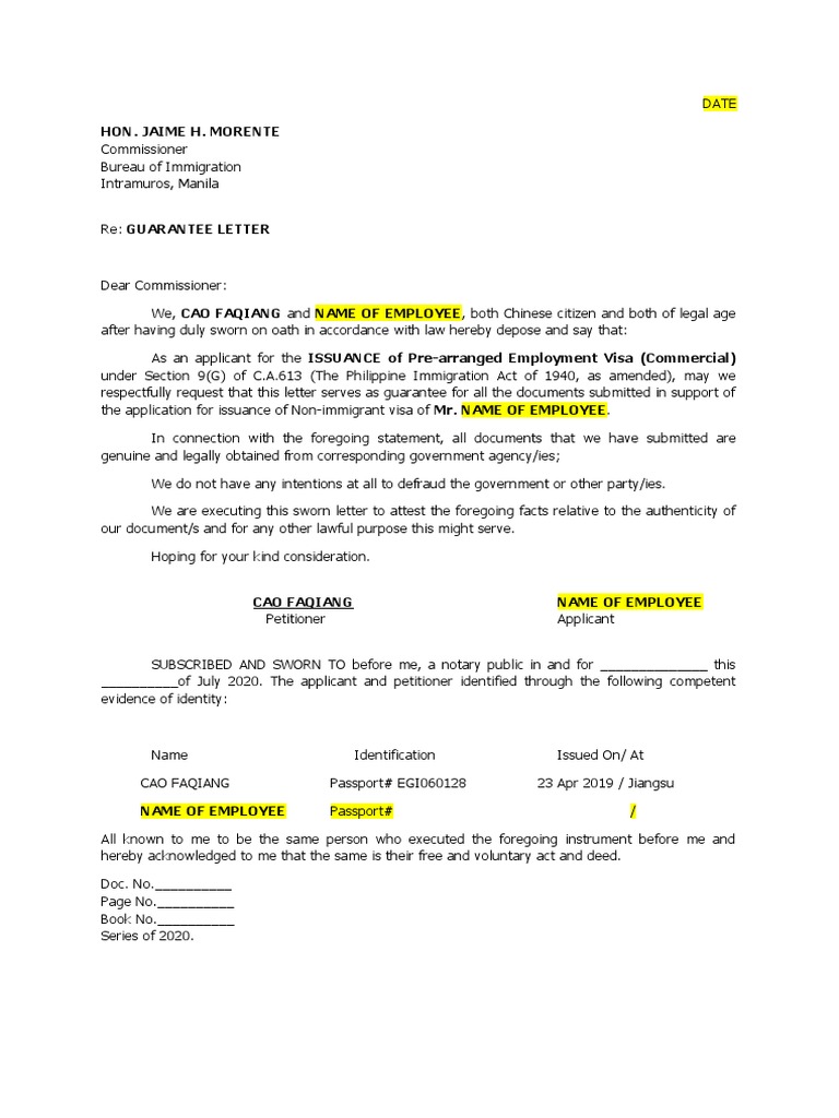 Guarantee Letter for Visa Application | PDF | Law