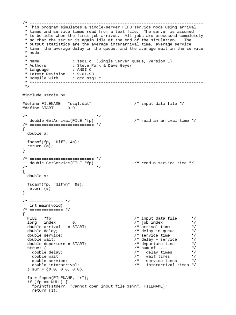 Single Server FIFO C Prog PDF Software Engineering Computer