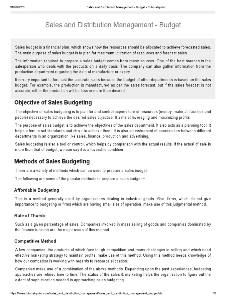 Sales and distribution management budget tutorialspoint pdf