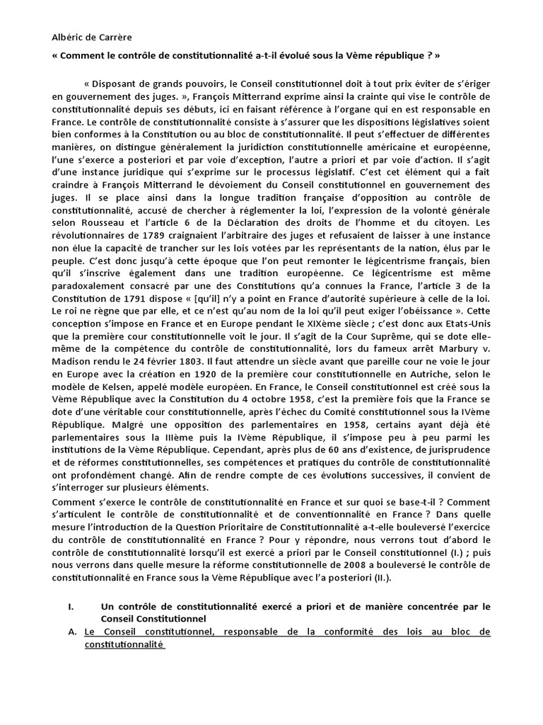 L évolution Du Conseil Constitutionnel Depuis 1958 Dissertation Dissertation Le Contrôle de Constitutionnalité en France | PDF |  Constitution | Politique de la France