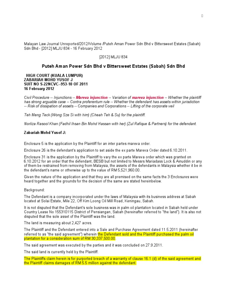 Puteh Aman Power SDN BHD V Bittersweet Estates (Sabah) SDN BHD PDF