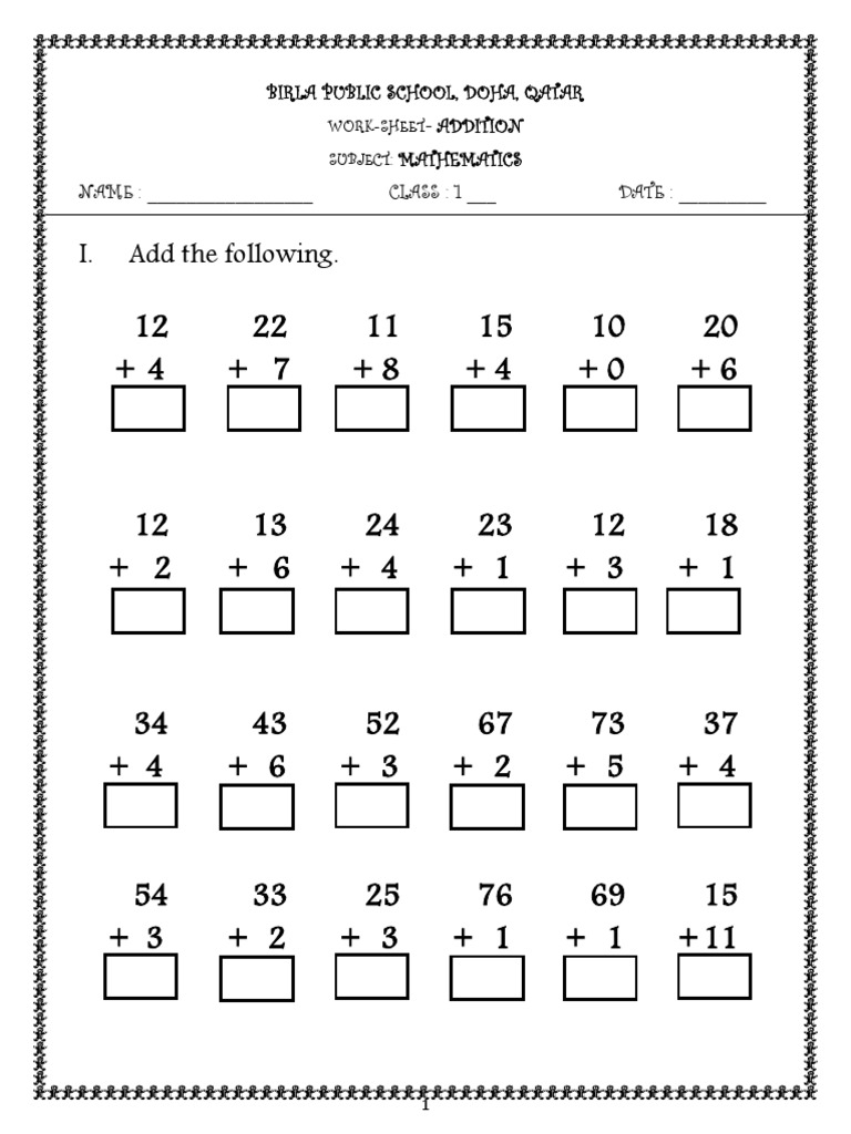 Math Addition Worksheet for Class 1 | PDF