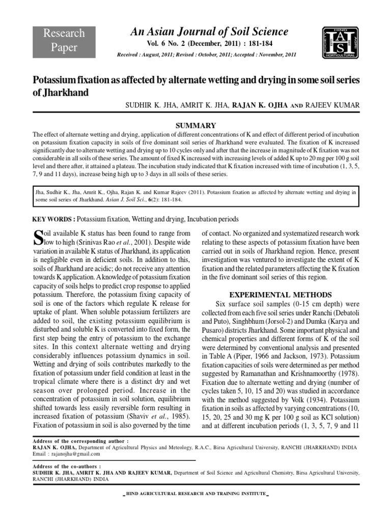 Potassium Fixation As Affected by Alternate Wetting and Drying in Some ...
