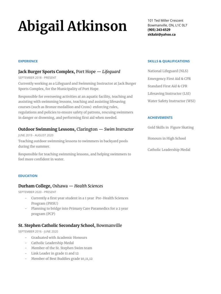 Abigail Atkinson Jack Burger Sports Complex, Port Hope Lifeguard PDF Swimming Water Sports