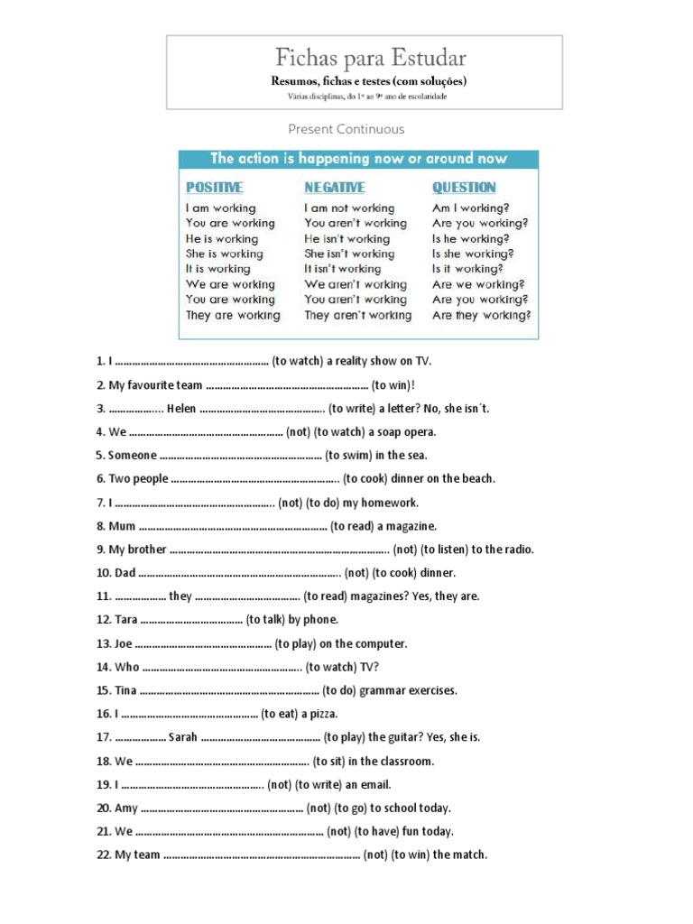 Ficha Ingles 8 Ano Present Continuous PDF | PDF | Language Arts ...