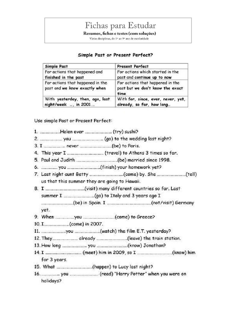 Ficha Ingles 8 Ano Past Simple Vs Present Perfect PDF | PDF