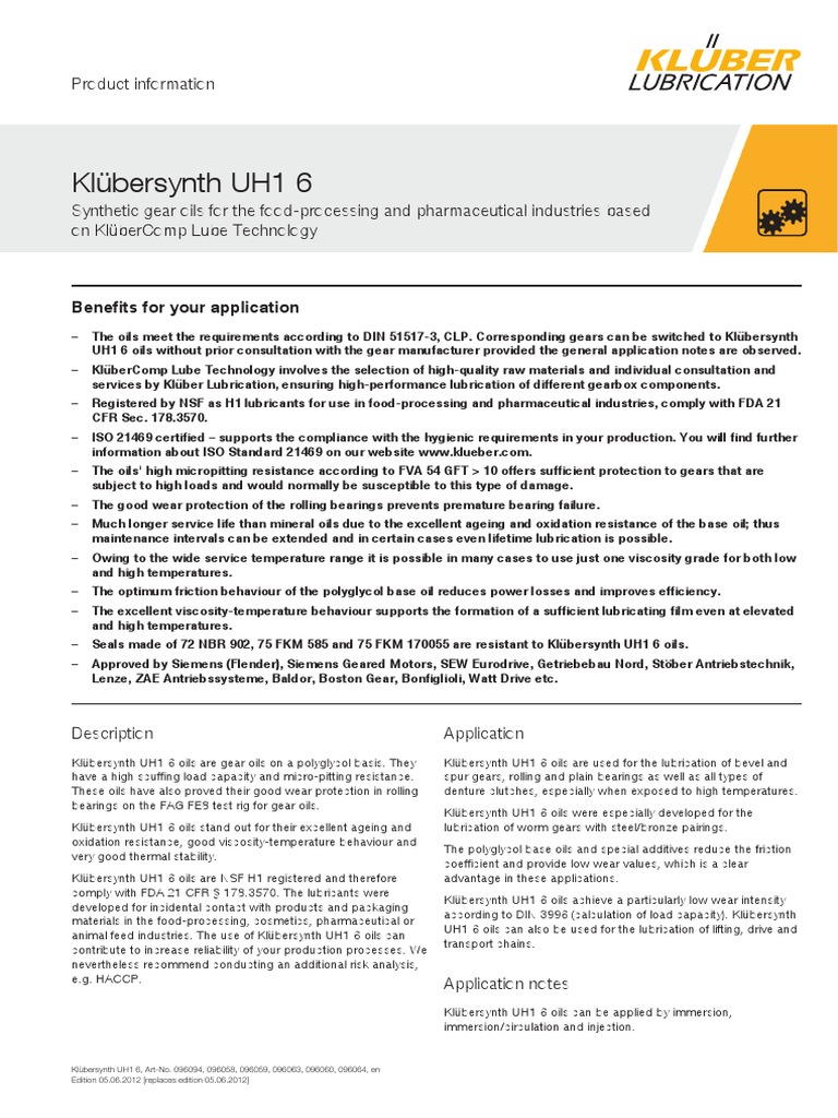 Klubersynth Uh1 6 Series Lubricant Bearing Mechanical