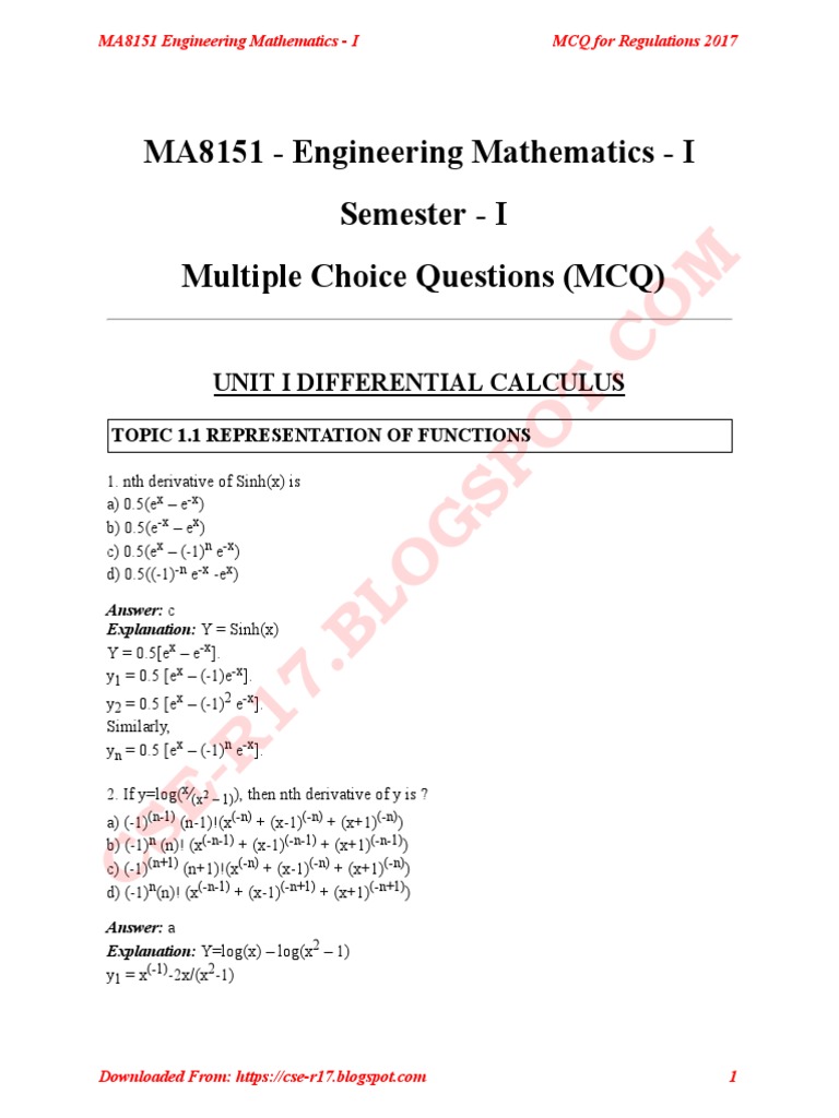 Ma8151 Engg Ineering Mathematics I Mcq Sine Function Mathematics