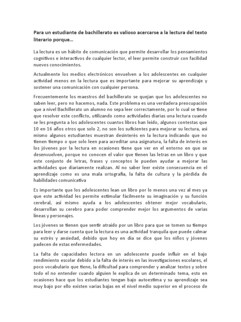 Importancia de la Lectura en Bachillerato | PDF | Aprendizaje | Ciencia ...