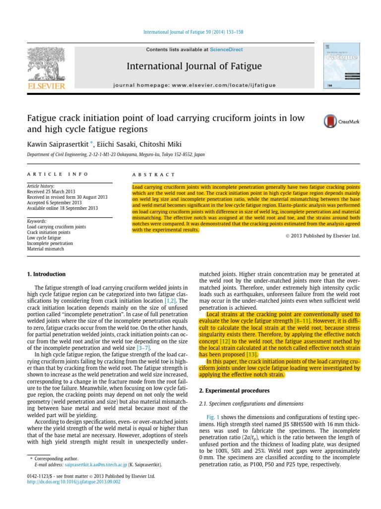 Fatigue Crack Initiation Point of Load Carrying Cruciform Joints in Low ...
