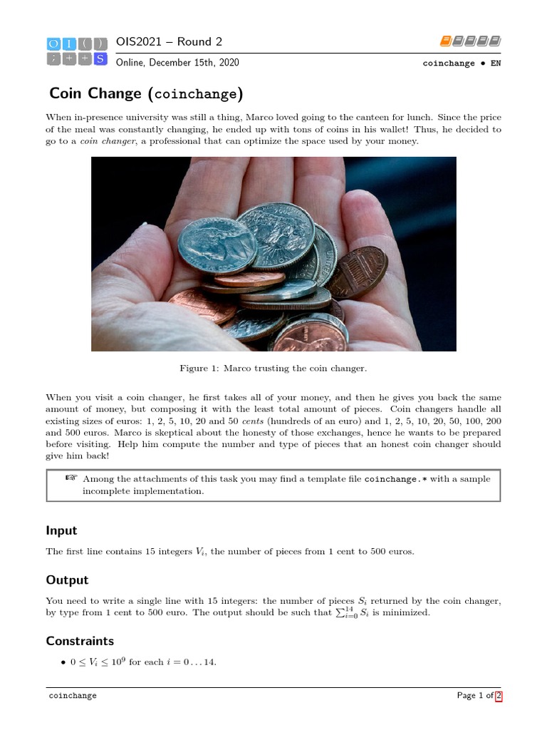 Coin Change (Coinchange) : OIS2021 - Round 2 | PDF | Discrete ...