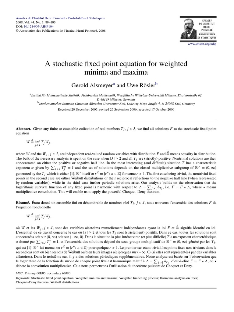 A Stochastic Fixed Point Equation For Weighted Minima and Maxima | PDF ...