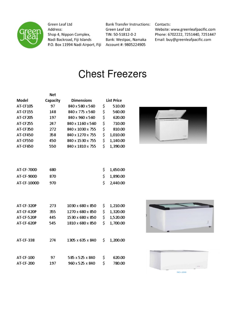 Chest Freezers Net Model Capacity Dimensions List Price PDF