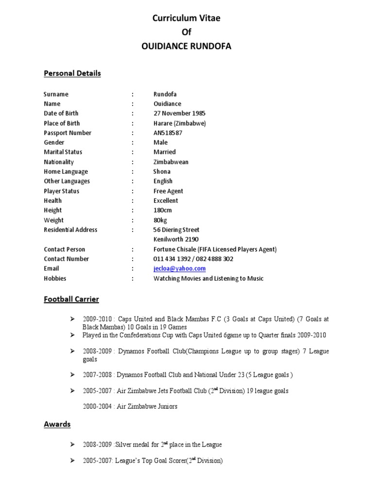 Ouidiance Rundofa Football CV | PDF