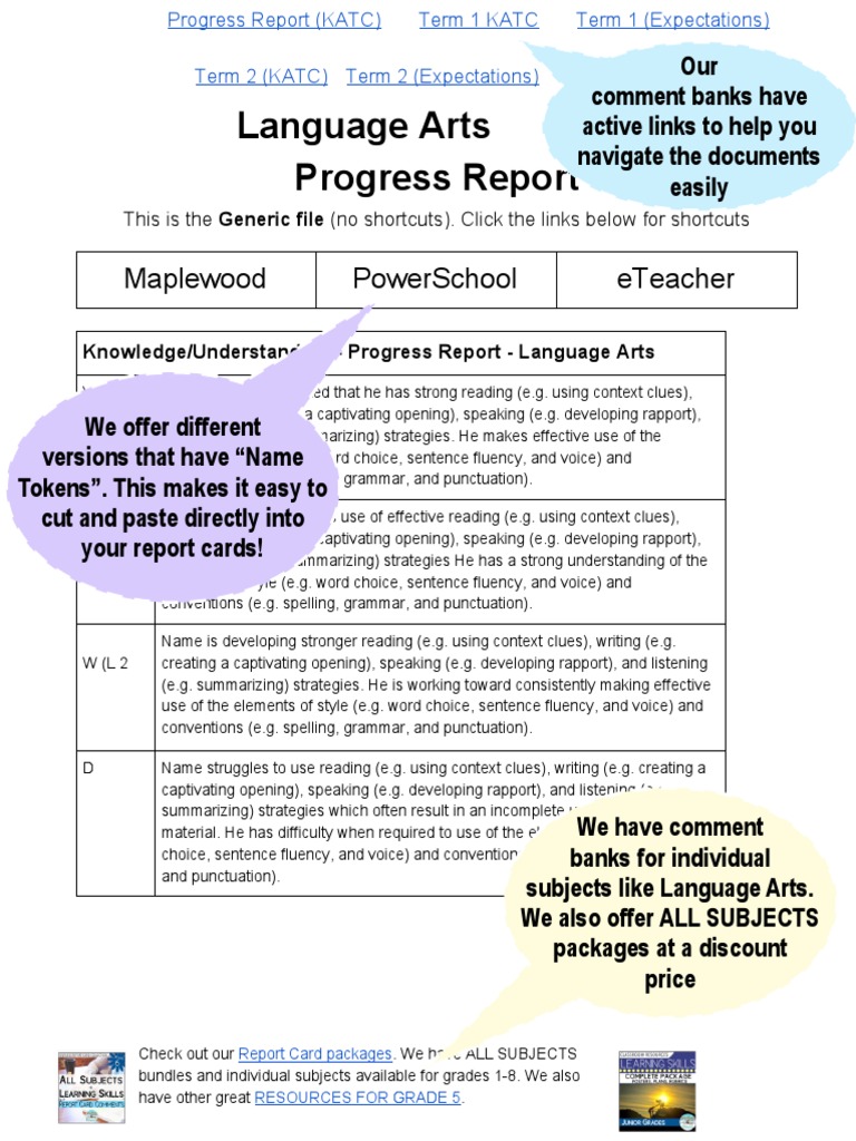 Language Arts Grade 5 Progress Report Maplewood Powerschool Eteacher