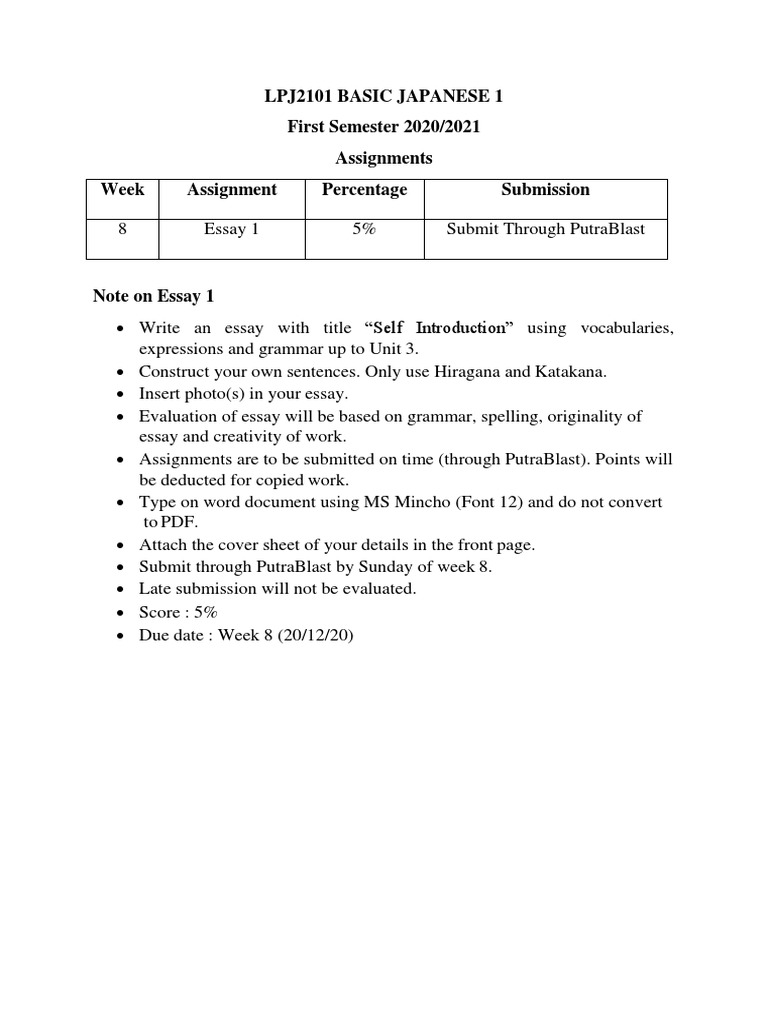 Lpj2101 Basic Japanese 1 First Semester 2020/2021 Assignments Week ...