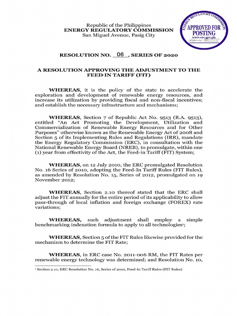 ERC Resolution+No.+06,+Series+of+2020+-+FIT+Adjustment+Resolution | PDF