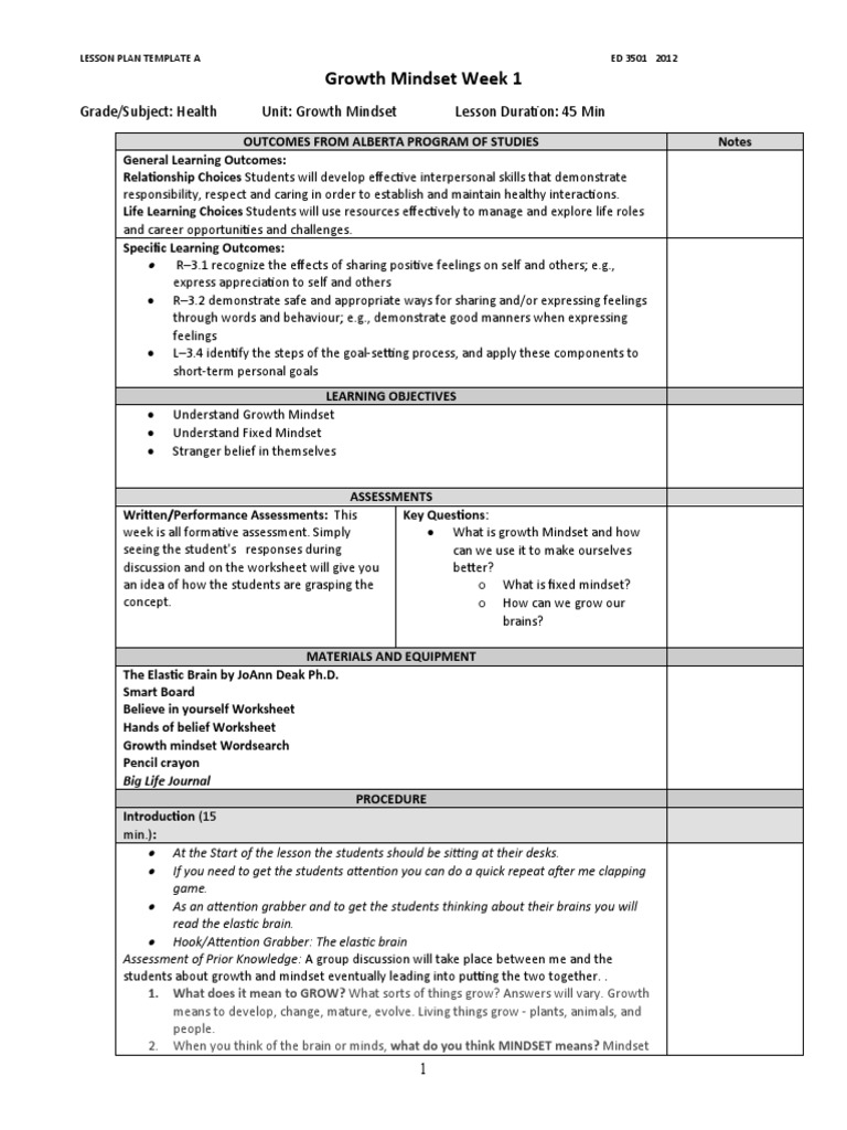 Growth Mindset Lesson Plan for Health | PDF | Mindset | Lesson Plan